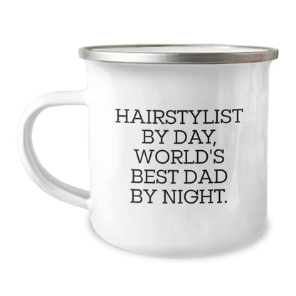 Hairstylist Gifts for Birthday - Funny Camping Mug, 'Hairstylist By Day, World's Best Dad By Night.' - The Buy Boom