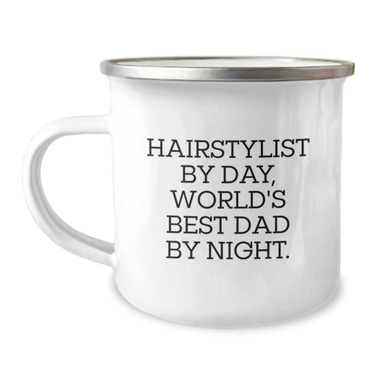 Hairstylist Gifts for Birthday - Funny Camping Mug, 'Hairstylist By Day, World's Best Dad By Night.' - The Buy Boom