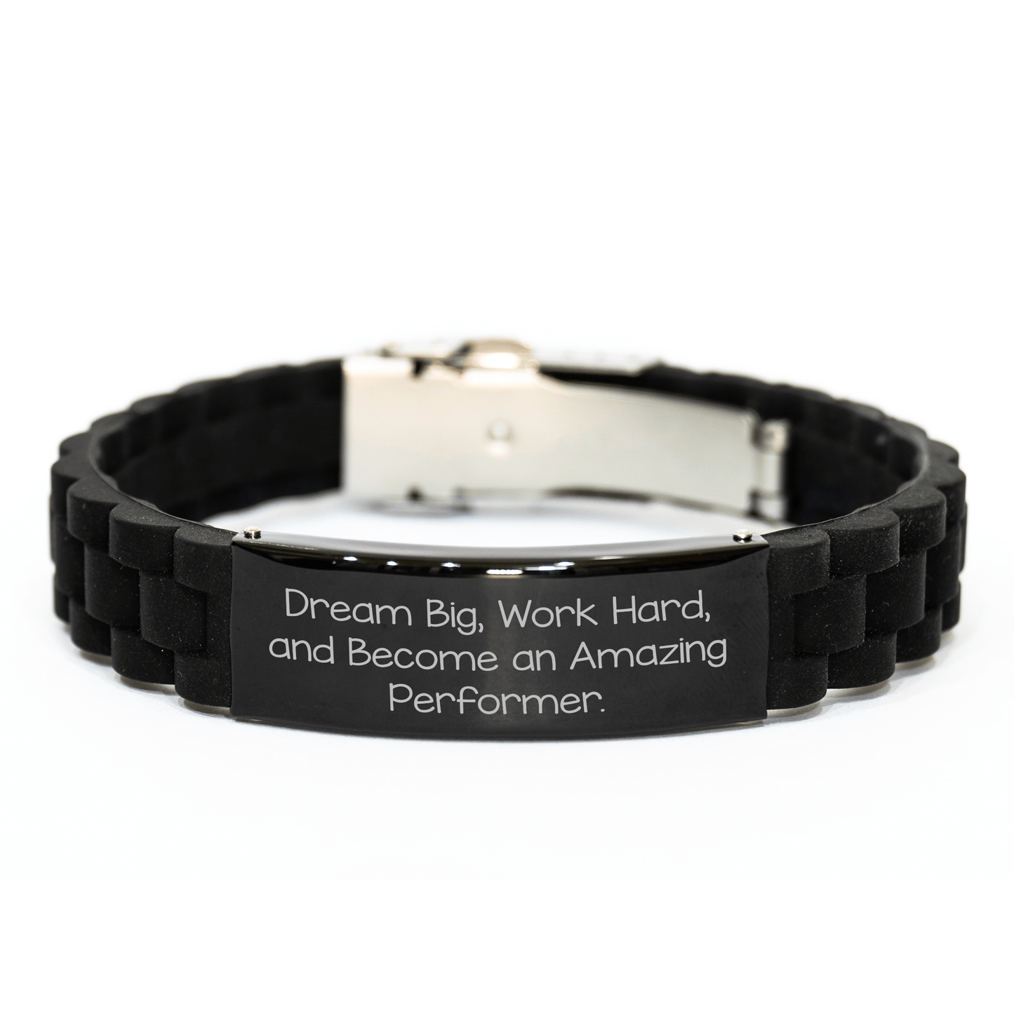 Inspirational Performer Glide lock Clasp Black Stainless Steel Silicone Adjustable Gift for Him Her Friends Family from 'Dream Big Work Hard And Become An Amazing Performer' Quote - The Buy Boom