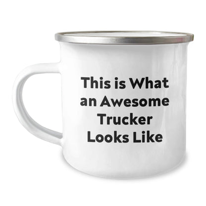 Inspirational Trucker Gifts from Friends for Awesome Trucker Camping Mug, Funny Quote This Is What An Awesome Trucker Looks Like, 12 oz Stainless Steel with Enamel Finish, Perfect for Men - The Buy Boom