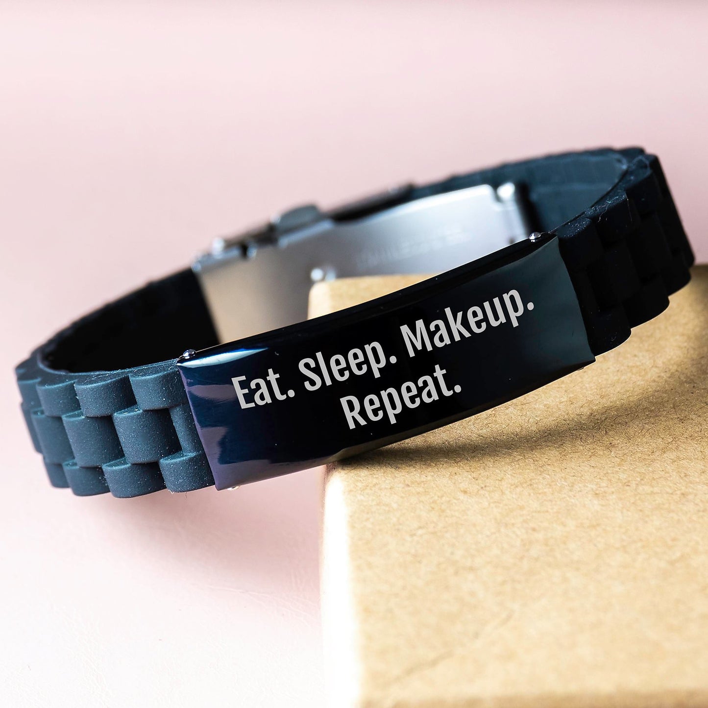 Makeup Enthusiast Gifts from Friends for Women Eat. Sleep. Makeup. Repeat. Glide lock Clasp Black Stainless Steel Adjustable - The Buy Boom