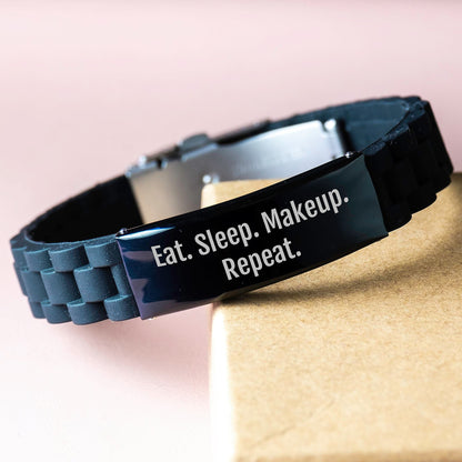 Makeup Enthusiast Gifts from Friends for Women Eat. Sleep. Makeup. Repeat. Glide lock Clasp Black Stainless Steel Adjustable - The Buy Boom