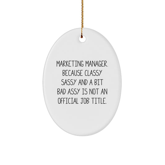 Marketing Manager Funny Oval Ornament Gifts from Friends for Coworkers Christmas Unique - 'Marketing Manager. Because Classy Sassy And A Bit Fearlessy Is Not An Official Job Title.' - The Buy Boom