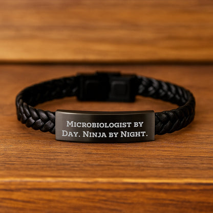 Microbiologist Gifts for Men, Funny Quote Interlaced Leather Bracelet, Gifts from Friends, Unique Graduation Accessories for Men, Microbiologist By Day. Ninja By Night. - The Buy Boom