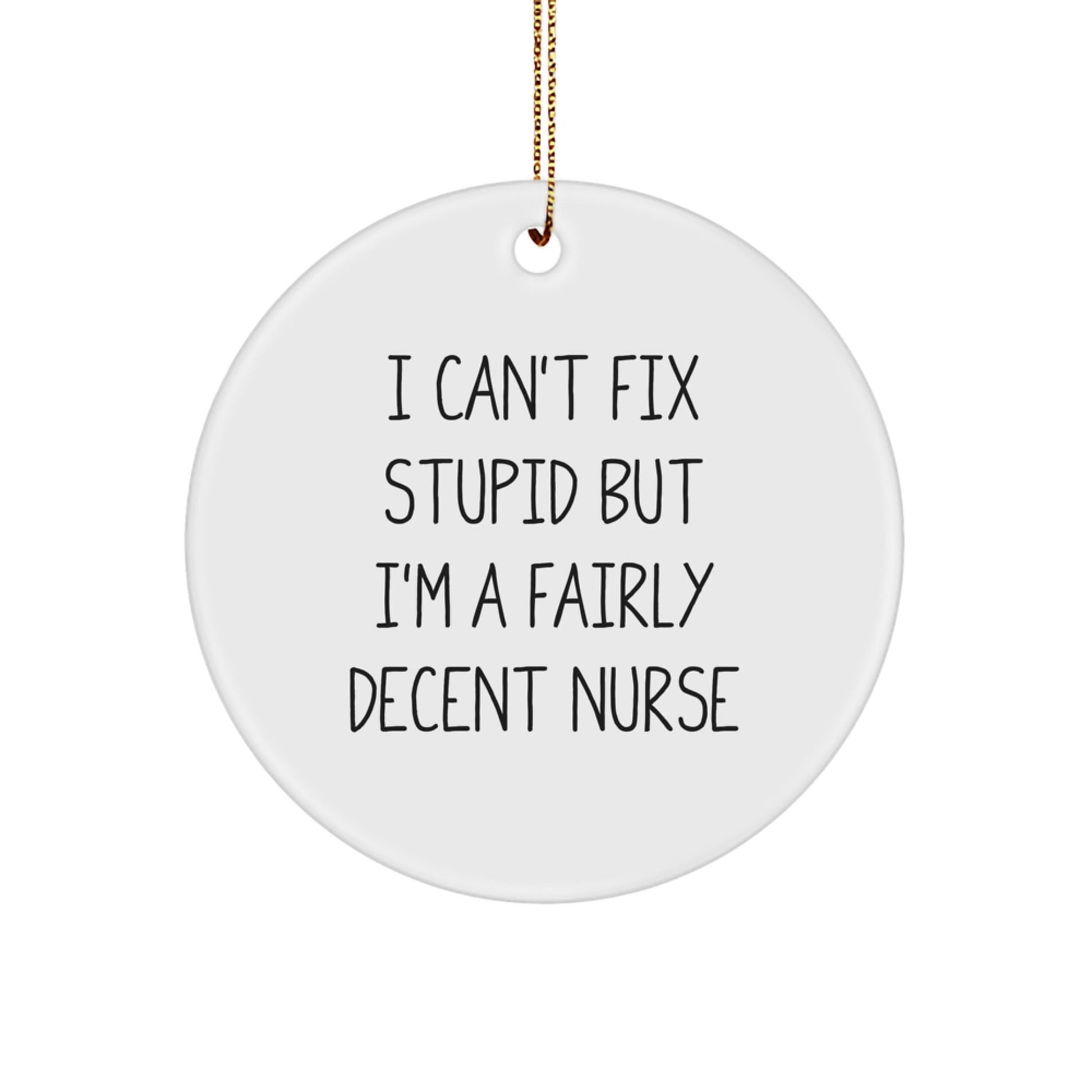 Nurse Gifts Funny Circle Ornament, 'I Can't Fix Stupid But I'm A Fairly Decent Nurse' Christmas Decorations for Nurses from Friends and Family - The Buy Boom