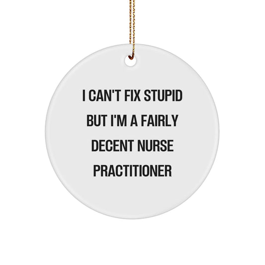 Nurse Practitioner Gifts from Friends - Funny Christmas Circle Ornament - I Can't Fix Stupid But I'm A Fairly Decent Gift for Men Women Coworkers - The Buy Boom