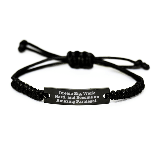 Paralegal Rope Bracelet Gift for Her, Inspirational Quote 'Dream Big, Work Hard, And Become An Amazing Paralegal.', Adjustable Black Stainless Steel with Interlaced Rope, Gifts for Women from Family - The Buy Boom