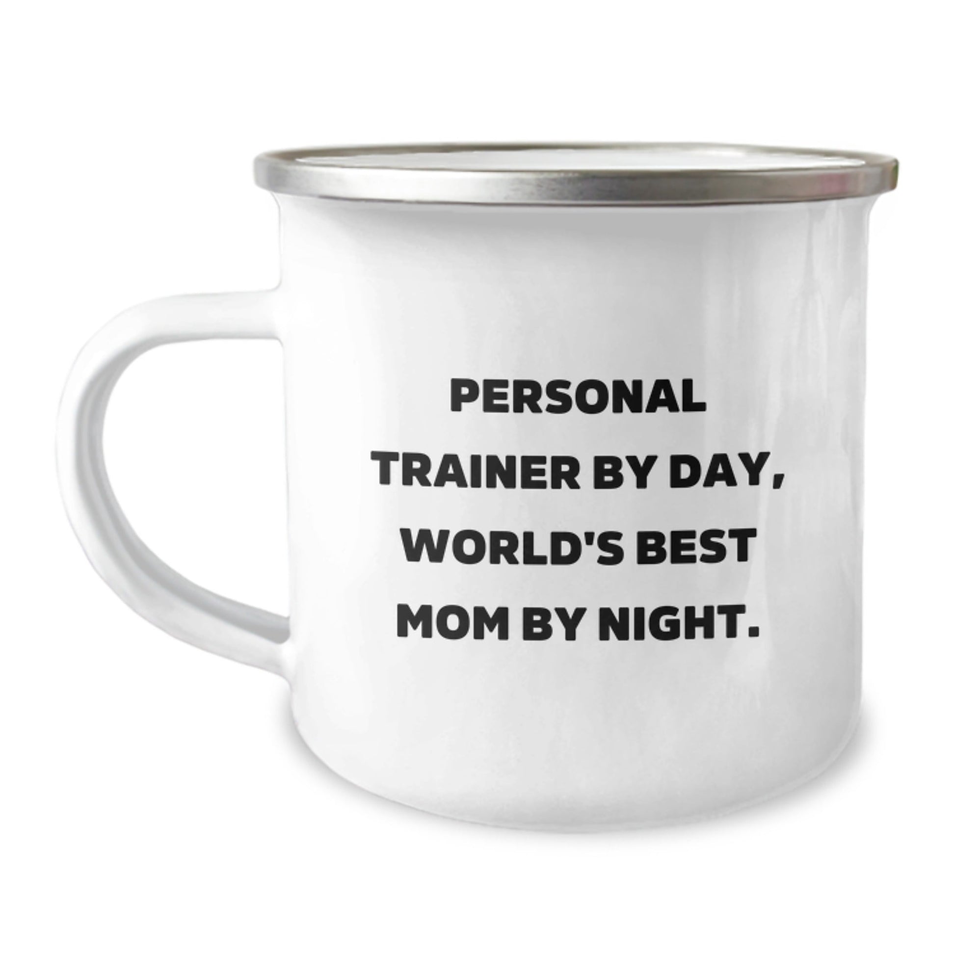 Personal Trainer Gifts from Mom - Funny Camping Mug, 12 oz Stainless Steel Enamel Finish, Perfect for Graduation, 'Personal Trainer By Day, World's Best Mom By Night.' - The Buy Boom