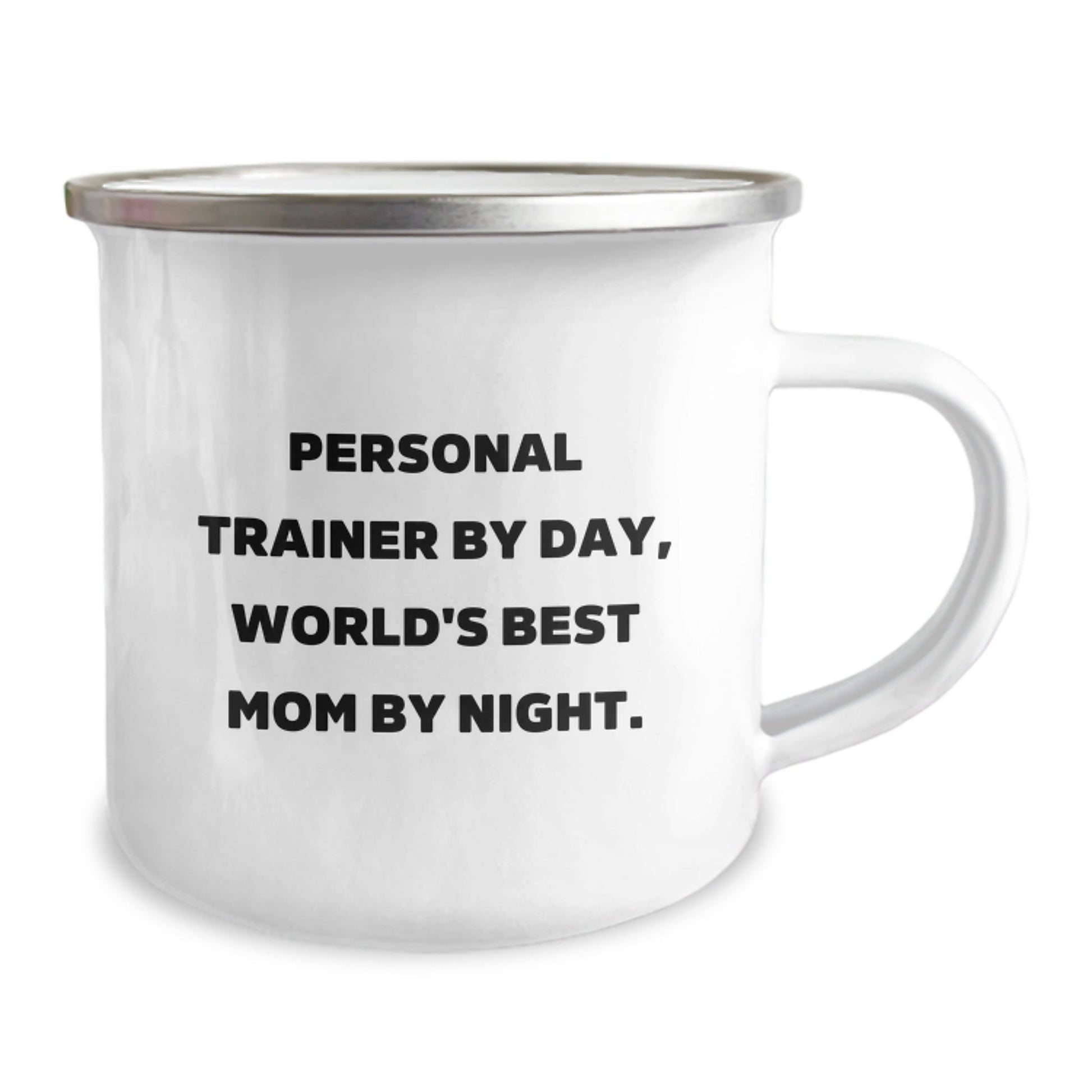 Personal Trainer Gifts from Mom - Funny Camping Mug, 12 oz Stainless Steel Enamel Finish, Perfect for Graduation, 'Personal Trainer By Day, World's Best Mom By Night.' - The Buy Boom