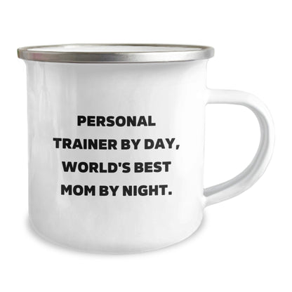 Personal Trainer Gifts from Mom - Funny Camping Mug, 12 oz Stainless Steel Enamel Finish, Perfect for Graduation, 'Personal Trainer By Day, World's Best Mom By Night.' - The Buy Boom