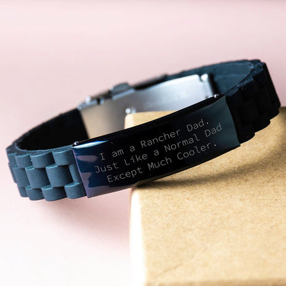 Rancher Gifts from Dad - Funny Quote Glide lock Clasp Black Stainless Steel Silicone Adjustable Bracelet for Rancher Men, Graduation Unique Gifts for Friends Family Coworkers - The Buy Boom