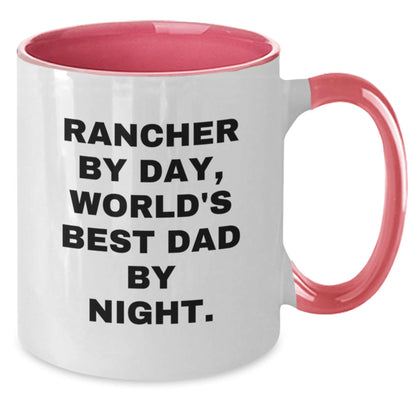 Rancher Gifts from Men - Funny Two Tone Coffee Mug, Rancher By Day, World's Best Dad By Night., Birthday Unique Gifts for Ranchers - The Buy Boom