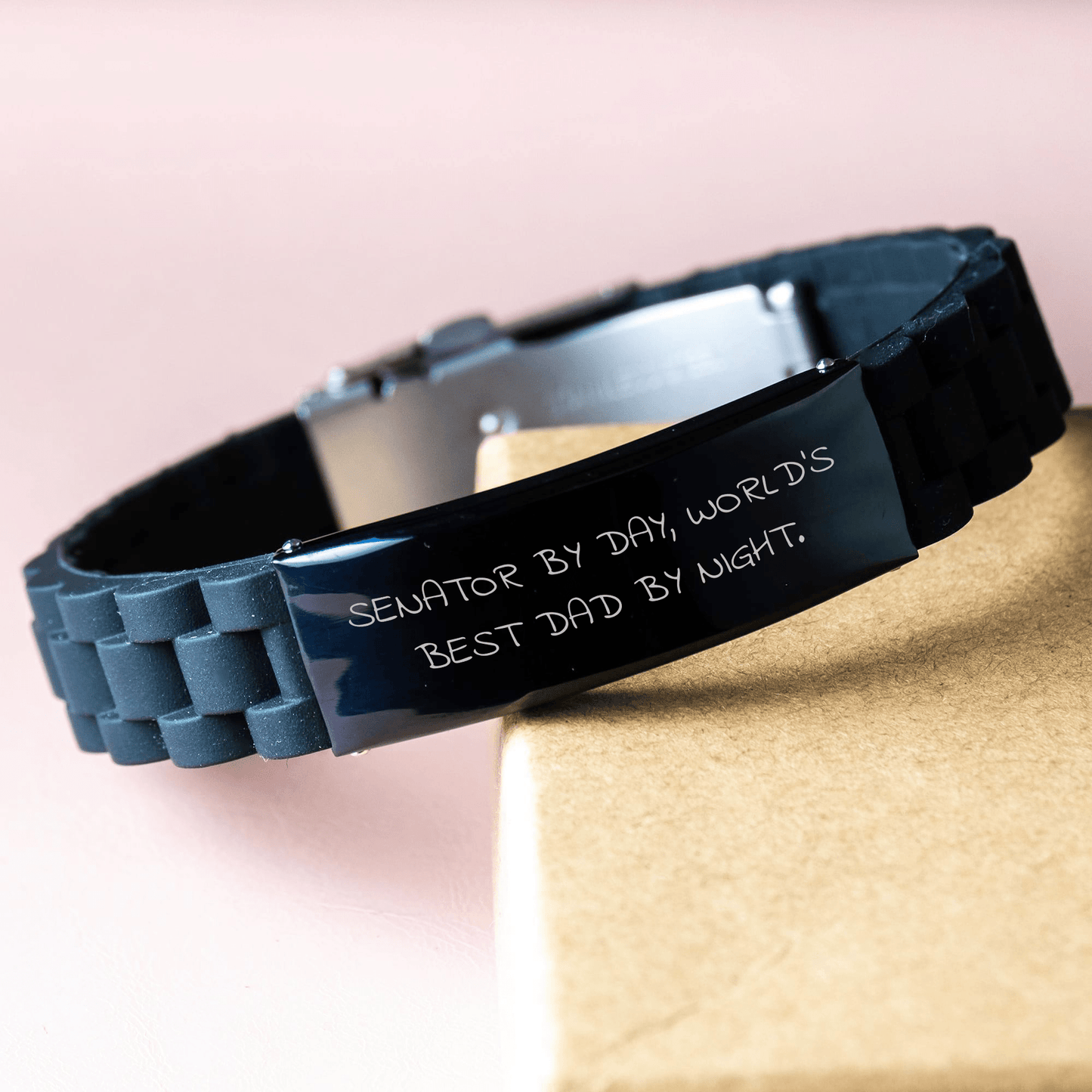 Senator Gifts by Day, World's Best Dad by Night Glide lock Clasp Black Stainless Steel Silicone Adjustable Men's Jewelry, Funny Quote, Father's Day Unique Gifts from Family - The Buy Boom
