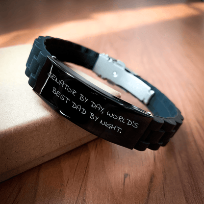 Senator Gifts by Day, World's Best Dad by Night Glide lock Clasp Black Stainless Steel Silicone Adjustable Men's Jewelry, Funny Quote, Father's Day Unique Gifts from Family - The Buy Boom