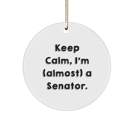 Senator Gifts for Christmas - Keep Calm, I'm (almost) A Senator. Circle Ornament, Funny Quote, White, 2.75'' Tall, Gifts from Friends for Senator - The Buy Boom