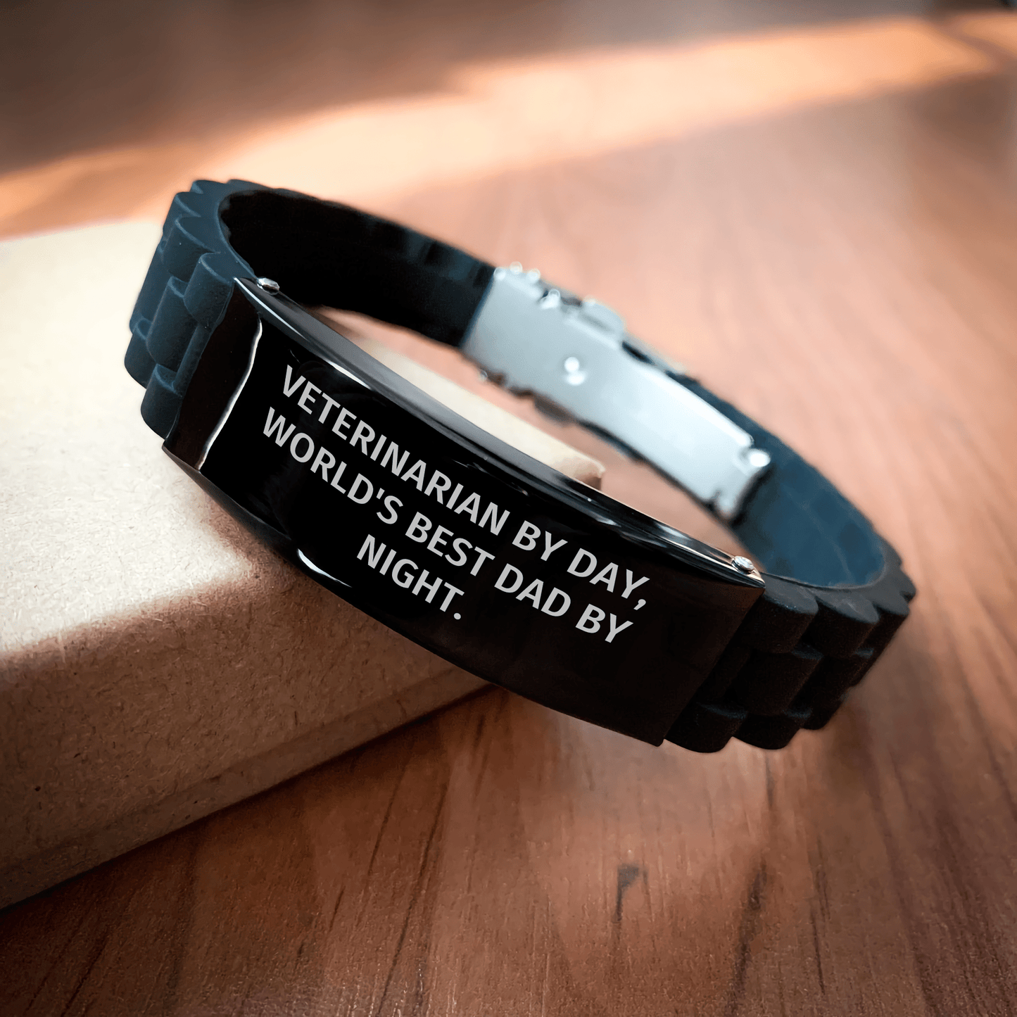 Veterinarian by Day, World's Best Dad by Night. Funny Quote Glide lock Clasp Black Stainless Steel Silicone Adjustable Bracelet Gifts for Veterinarian Men on Father's Day from Family - The Buy Boom