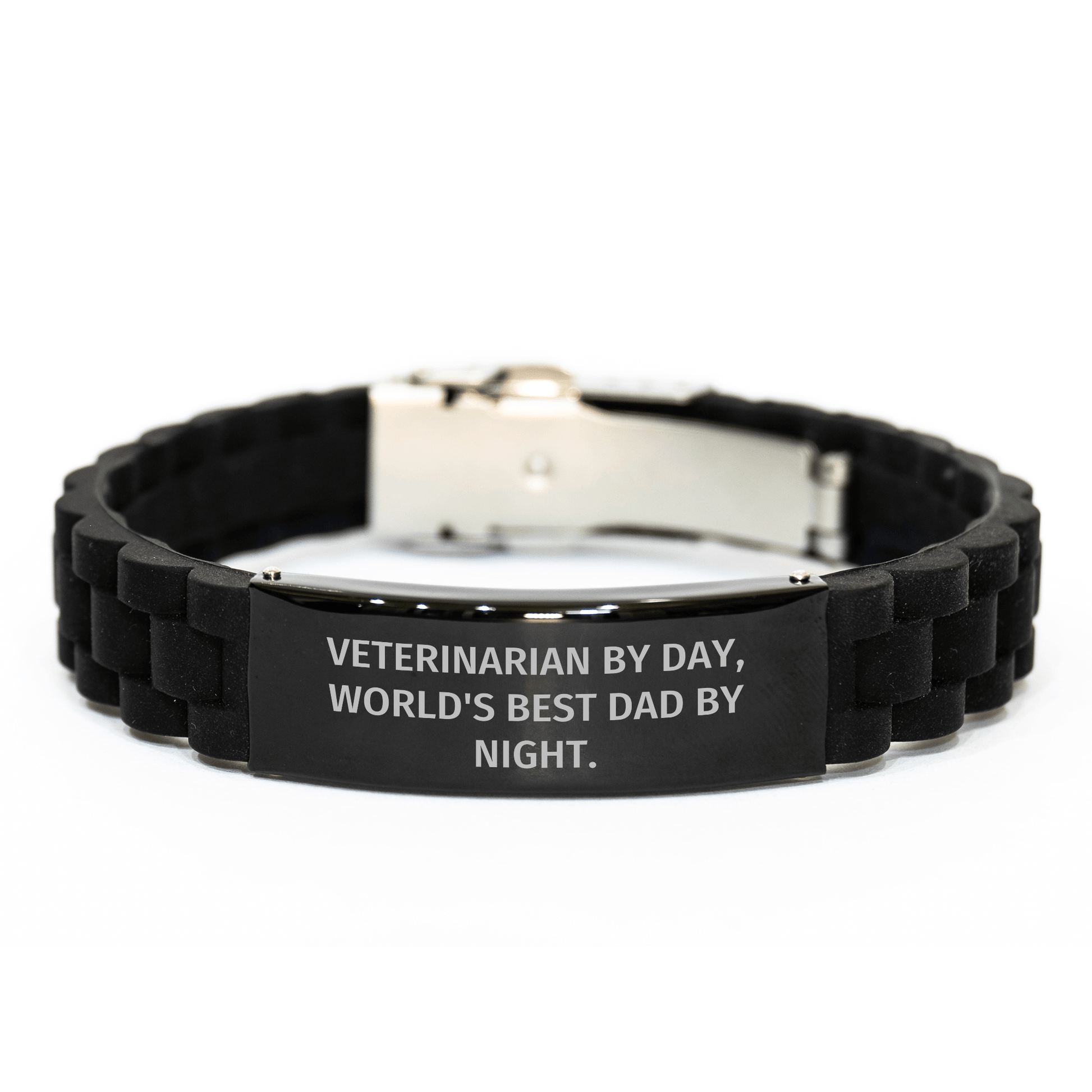 Veterinarian by Day, World's Best Dad by Night. Funny Quote Glide lock Clasp Black Stainless Steel Silicone Adjustable Bracelet Gifts for Veterinarian Men on Father's Day from Family - The Buy Boom