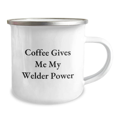 Welder Gift from Friends - 'Coffee Gives Me My Welder Power' Enamel Camping Mug for Men, Women, or Coworkers, Graduation Unique Gifts - The Buy Boom