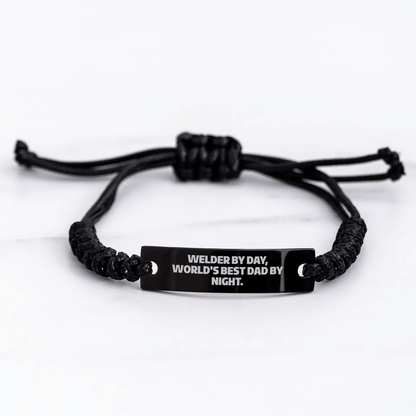 Welder Gifts from Men to Father's Day Unique Gifts By Day, Cool Rope Bracelet By Night, 'Welder By Day, World's Best Dad By Night.', Adjustable Black Stainless Steel with Interlaced Rope - The Buy Boom