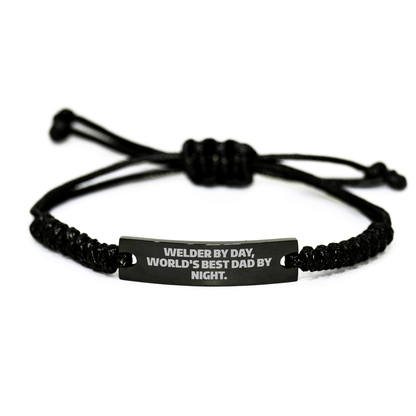 Welder Gifts from Men to Father's Day Unique Gifts By Day, Cool Rope Bracelet By Night, 'Welder By Day, World's Best Dad By Night.', Adjustable Black Stainless Steel with Interlaced Rope - The Buy Boom